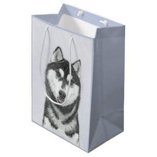 Siberischer Husky (Schwarz und Weiß) Malerei Hund Mittlere Geschenktüte