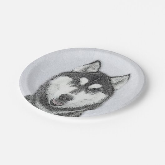 Siberischer Husky (Schwarz und Weiß) Malerei Hunde Pappteller (Schrägansicht)