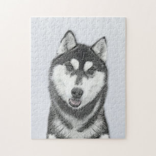 Siberischer Husky (Schwarz und Weiß) Malerei Hunde Puzzle