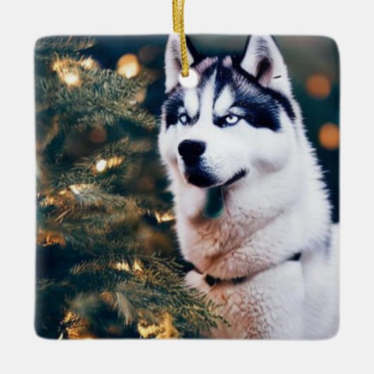 Siberischer Husky unter Weihnachtsbaum Keramikornament (Vorderseite)