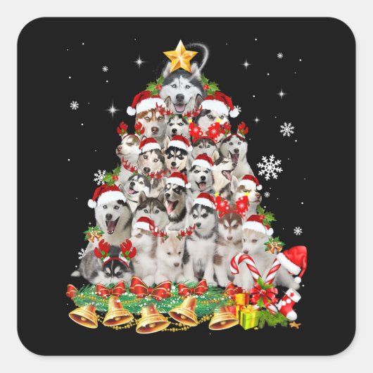 Siberischer Husky Weihnachtsbaum Lights Funny Dog Quadratischer Aufkleber (Vorderseite)