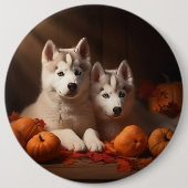Siberischer Husky Welpe Herbst Kürbis Button (Vorderseite)