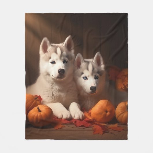 Siberischer Husky Welpe Herbst Kürbis Fleecedecke (Vorderseite)