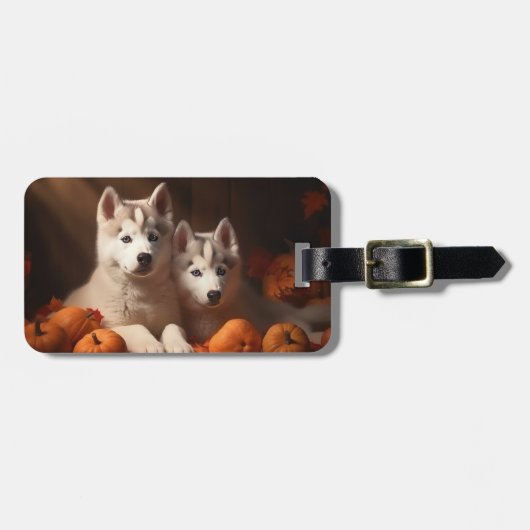 Siberischer Husky Welpe Herbst Kürbis Gepäckanhänger (Vorderseite horizontal)