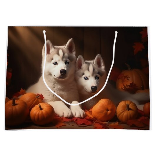 Siberischer Husky Welpe Herbst Kürbis Große Geschenktüte (Vorderseite)