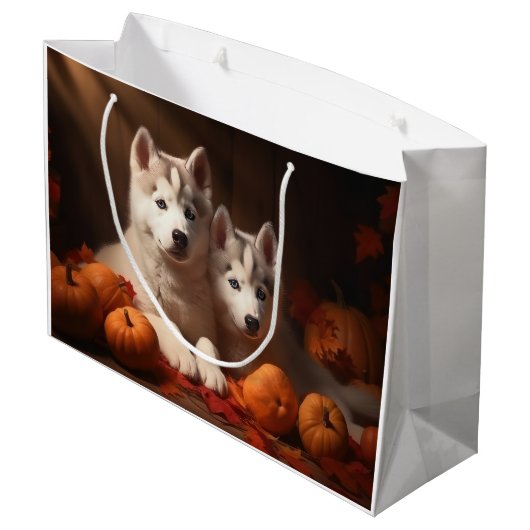 Siberischer Husky Welpe Herbst Kürbis Große Geschenktüte (Rückseite Schrägansicht)