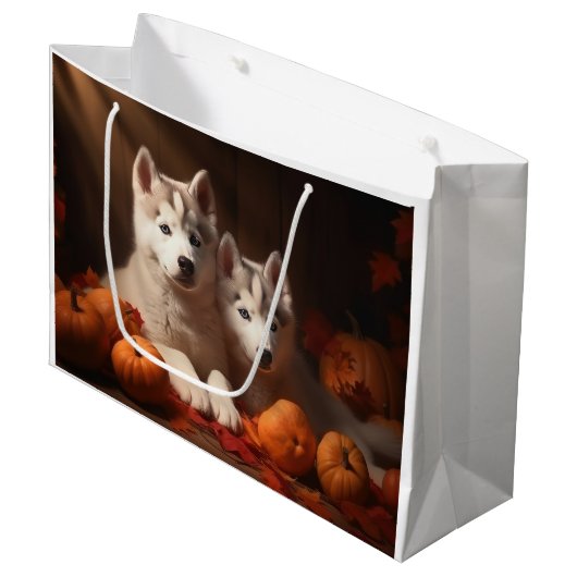 Siberischer Husky Welpe Herbst Kürbis Große Geschenktüte (Vorderseite Schrägansicht)