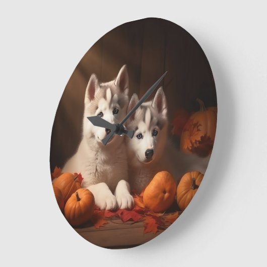 Siberischer Husky Welpe Herbst Kürbis Große Wanduhr (Winkel)