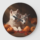 Siberischer Husky Welpe Herbst Kürbis Große Wanduhr (Vorderseite)