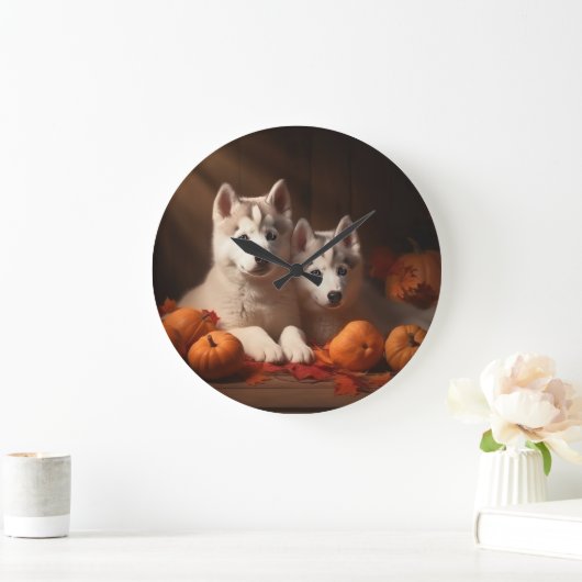 Siberischer Husky Welpe Herbst Kürbis Große Wanduhr (Zuhause)