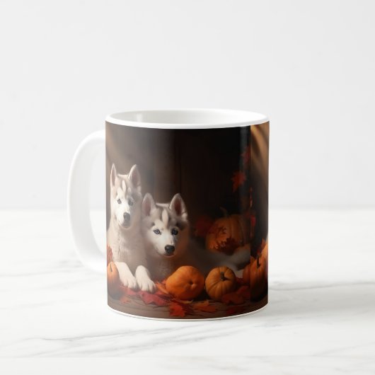 Siberischer Husky Welpe Herbst Kürbis Kaffeetasse (Vorderseite Links)