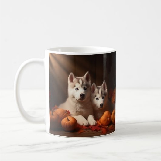 Siberischer Husky Welpe Herbst Kürbis Kaffeetasse (Links)