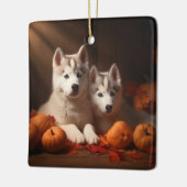 Siberischer Husky Welpe Herbst Kürbis Keramikornament (Links)