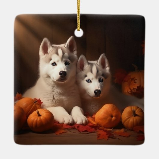 Siberischer Husky Welpe Herbst Kürbis Keramikornament (Rückseite)