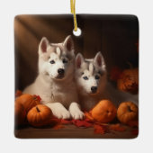 Siberischer Husky Welpe Herbst Kürbis Keramikornament (Vorderseite)