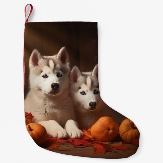 Siberischer Husky Welpe Herbst Kürbis Kleiner Weihnachtsstrumpf (Vorderseite)