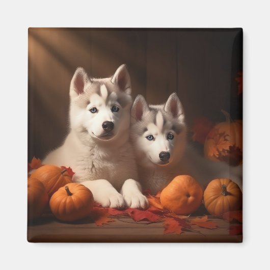 Siberischer Husky Welpe Herbst Kürbis Magnet (Vorne)