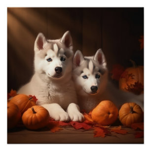 Siberischer Husky Welpe Herbst Kürbis Poster