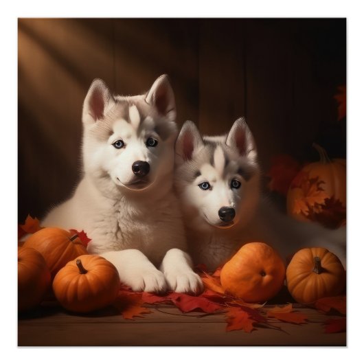 Siberischer Husky Welpe Herbst Kürbis Poster (Vorderseite)