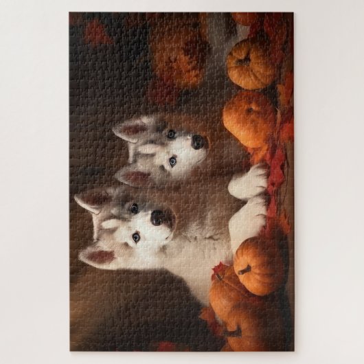 Siberischer Husky Welpe Herbst Kürbis Puzzle (Vertikal)