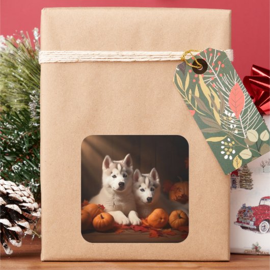 Siberischer Husky Welpe Herbst Kürbis Quadratischer Aufkleber (Feiertag)