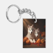 Siberischer Husky Welpe Herbst Kürbis Schlüsselanhänger (Vorderseite links)