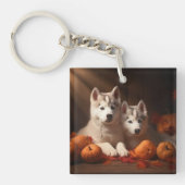 Siberischer Husky Welpe Herbst Kürbis Schlüsselanhänger (Vorderseite)