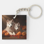 Siberischer Husky Welpe Herbst Kürbis Schlüsselanhänger (Rückseite)