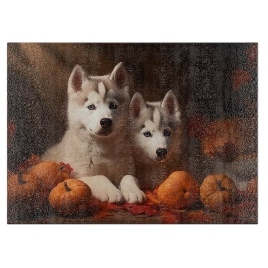 Siberischer Husky Welpe Herbst Kürbis Schneidebrett (Vorderseite)