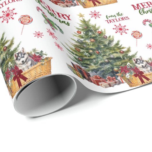 Siberischer Husky-Welpe unter dem Baum Geschenkpapier (Rolleneckpunkt)