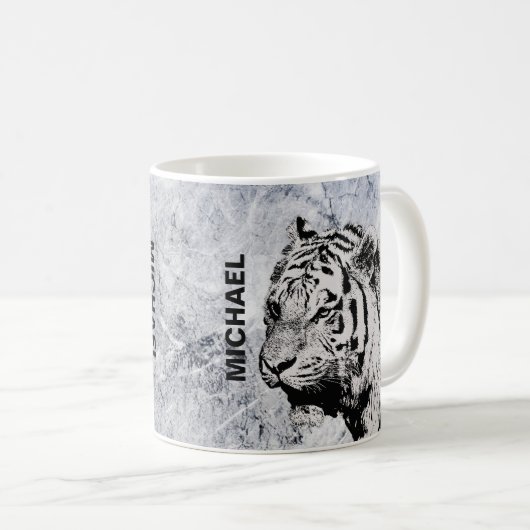 Siberischer Tiger, grauweißer Marmor, Monogramm Kaffeetasse (VorderseiteRechts)