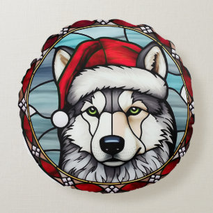 Sibirian Husky Buntglas Weihnachten Rundes Kissen