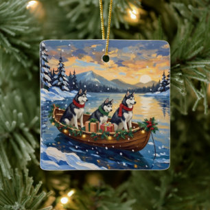 Sibirian Husky Weihnachtsboot Urlaub Keramikornament