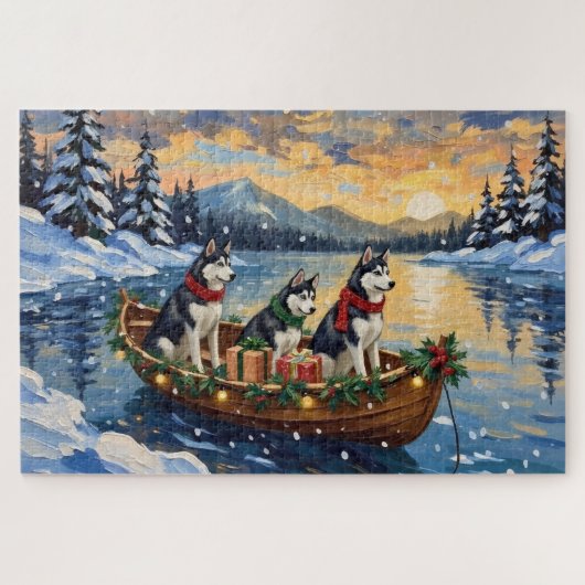 Sibirian Husky Weihnachtsboot Urlaub Puzzle (Horizontal)