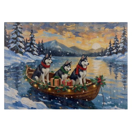 Sibirian Husky Weihnachtsboot Urlaub Schneidebrett (Vorderseite)