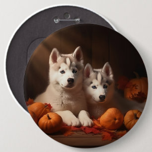 Sibirian Husky Welpe Herbstfreude Kürbis Button