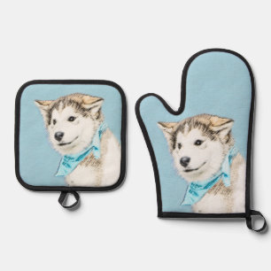Sibirian Husky Welpen Malerei Kupferroter Hund Kun Ofenhandschuh & Topflappen-Set