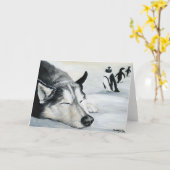 "Sibirier Huskeys Penquin Traum-" Hundekunst-Gruß Karte (Gelbe Blume)