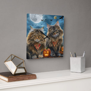 Sibirische Halloween-Katze Gruselig Quadratische Wanduhr