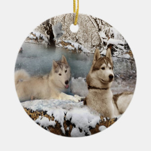 Sibirische Huskies-Schnee-Szenen-Verzierung Keramikornament