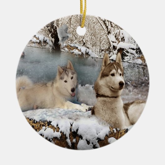 Sibirische Huskies-Schnee-Szenen-Verzierung Keramikornament (Vorne)