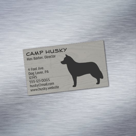 Sibirische Husky-Hund-Silhouette Holzkornstil Magnetische Visitenkarte (Beispiel)