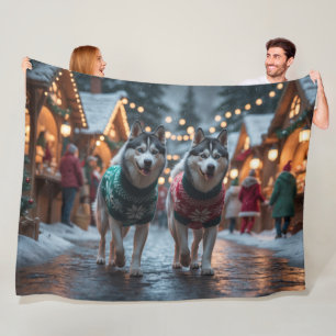 Sibirische Husky-Hunde Weihnachten Schnee Feiertag Fleecedecke