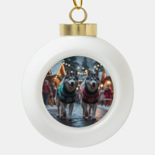 Sibirische Husky-Hunde Weihnachten Schnee Feiertag Keramik Kugel-Ornament