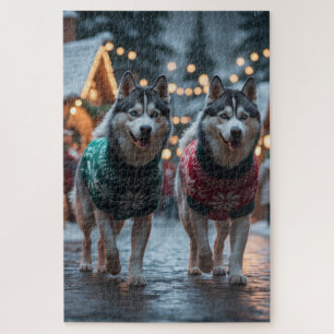 Sibirische Husky Hunde Weihnachten Schnee Feiertag Puzzle