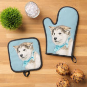 Sibirische Husky Welpenmalerei Copper Red Dog Art Ofenhandschuh & Topflappen-Set (Oben Unten)