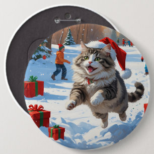 Sibirische Katze läuft im Schnee mit Weihnachtsmüt Button