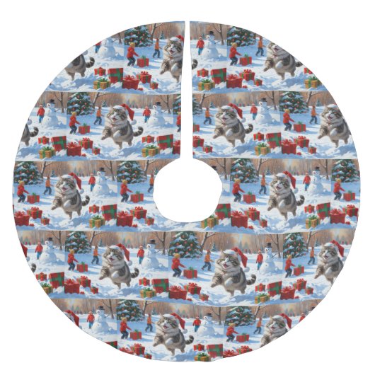 Sibirische Katze läuft im Schnee mit Weihnachtsmüt Polyester Weihnachtsbaumdecke (Vorderseite)