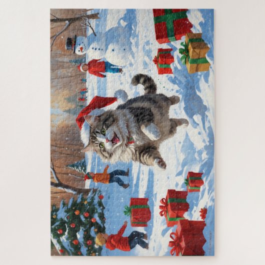 Sibirische Katze läuft im Schnee mit Weihnachtsmüt Puzzle (Vertikal)