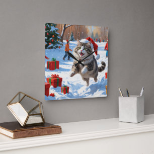 Sibirische Katze läuft im Schnee mit Weihnachtsmüt Quadratische Wanduhr